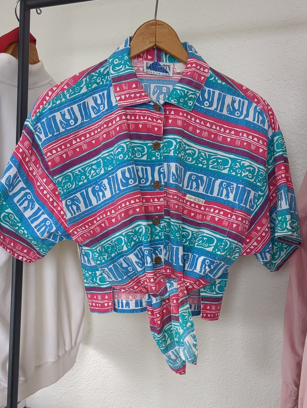 Vintage Hang Ten Teal, Pink, Blue Elephant Print Tie-Front Shirt